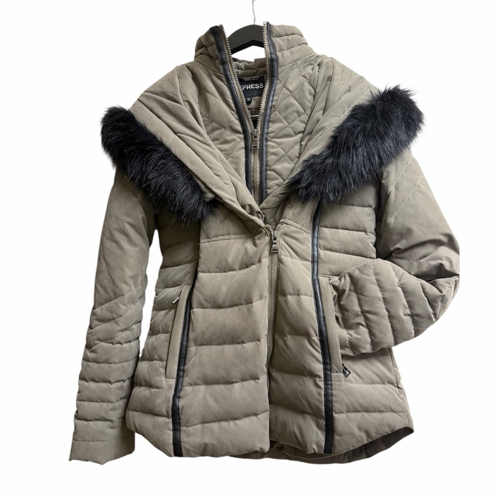 Express Faux Fur Hooded (Minus The) Leather Trim Puffer Coat Olive Sz XS